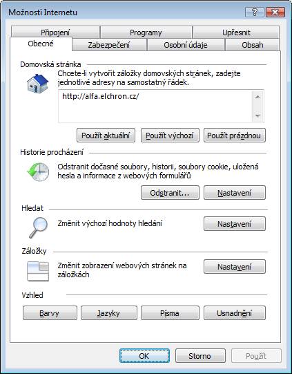 Nastavení domovské stránky - Internet Explorer
