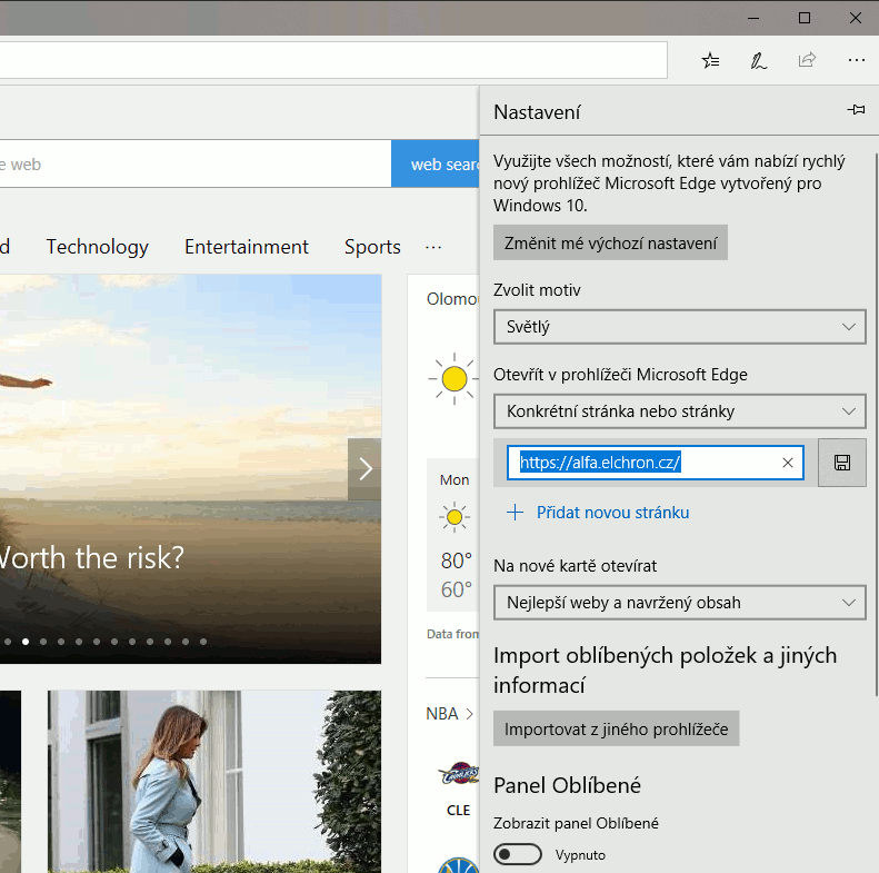 Nastavení domovské stránky - Microsoft Edge